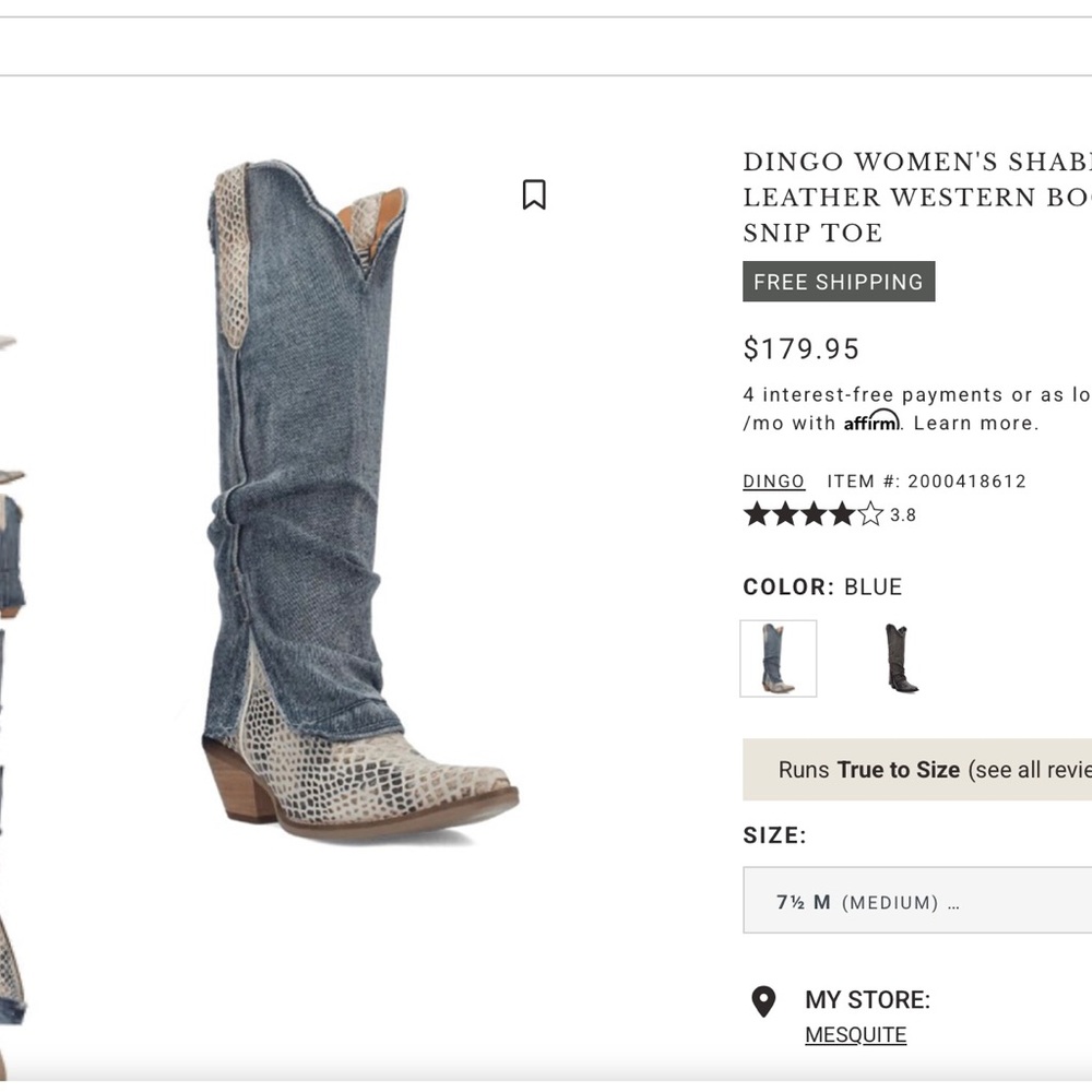 Dingo Women's Shabby Blue Leather Western Boots -Size 8 New in Box